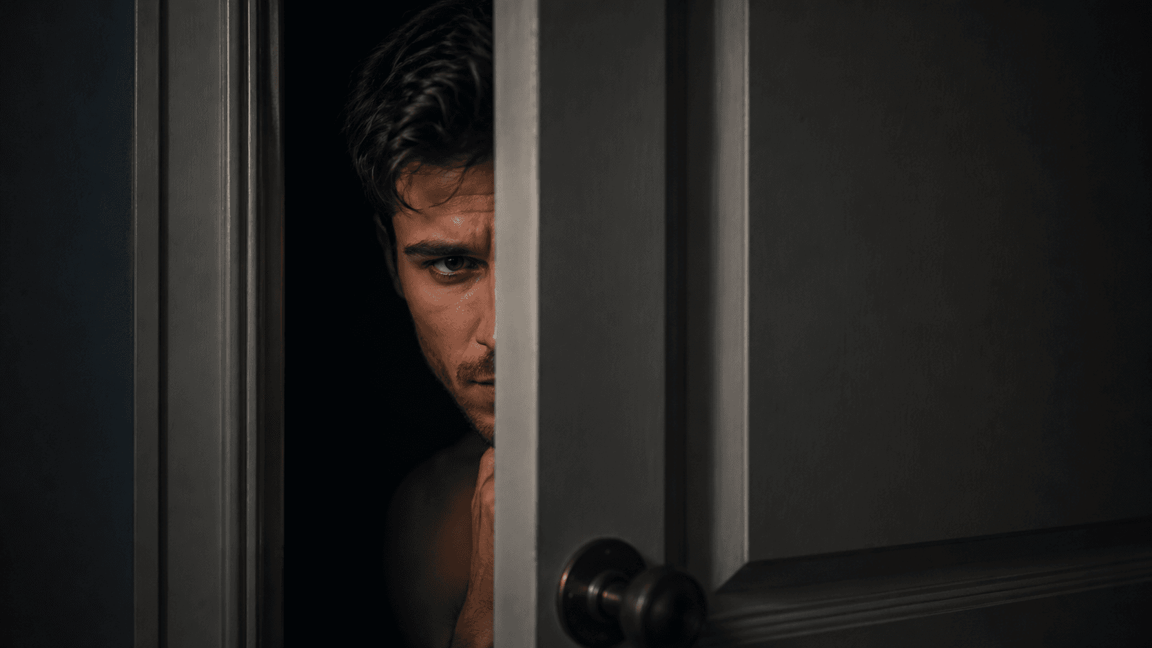 Homem olhando pela fresta de uma porta em ambiente escuro, representando a luta secreta contra a masturbação e a tentação.