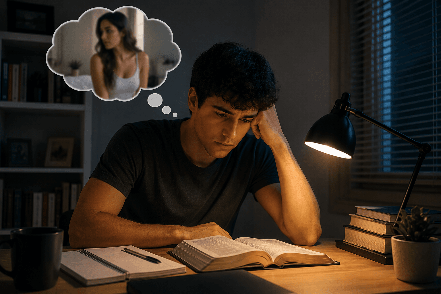Homem estudando a Bíblia com expressão preocupada enquanto imagina uma mulher, representando a luta contra pensamentos impuros.