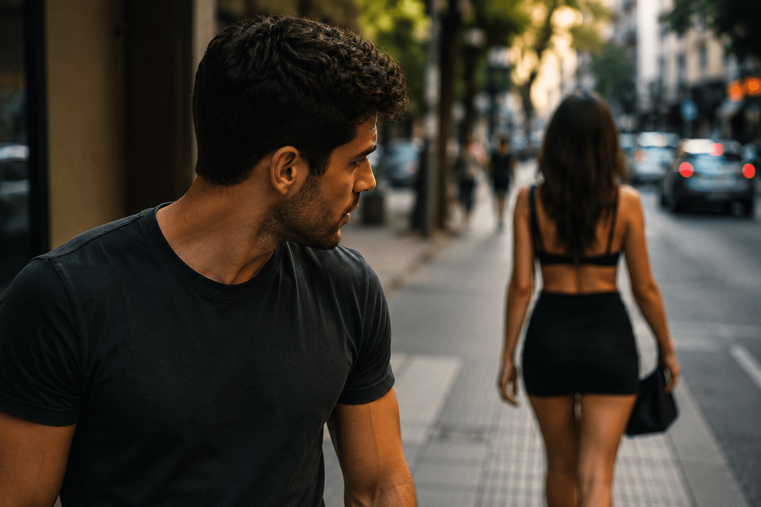Homem olhando para uma mulher de roupa sensual na rua, representando a luta contra a cobiça, o olhar impuro e a luxúria.