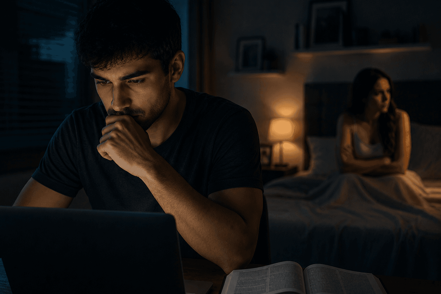 Homem olhando para um notebook enquanto sua companheira aparece triste ao fundo, simbolizando infidelidade pelo olhar, segredo e quebra de confiança causada pela pornografia.
