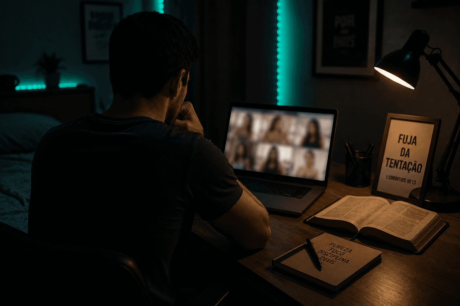 Homem de costas olhando para um notebook com imagens de mulheres borradas, com Bíblia aberta ao lado, simbolizando a luta para parar de ver pornografia.