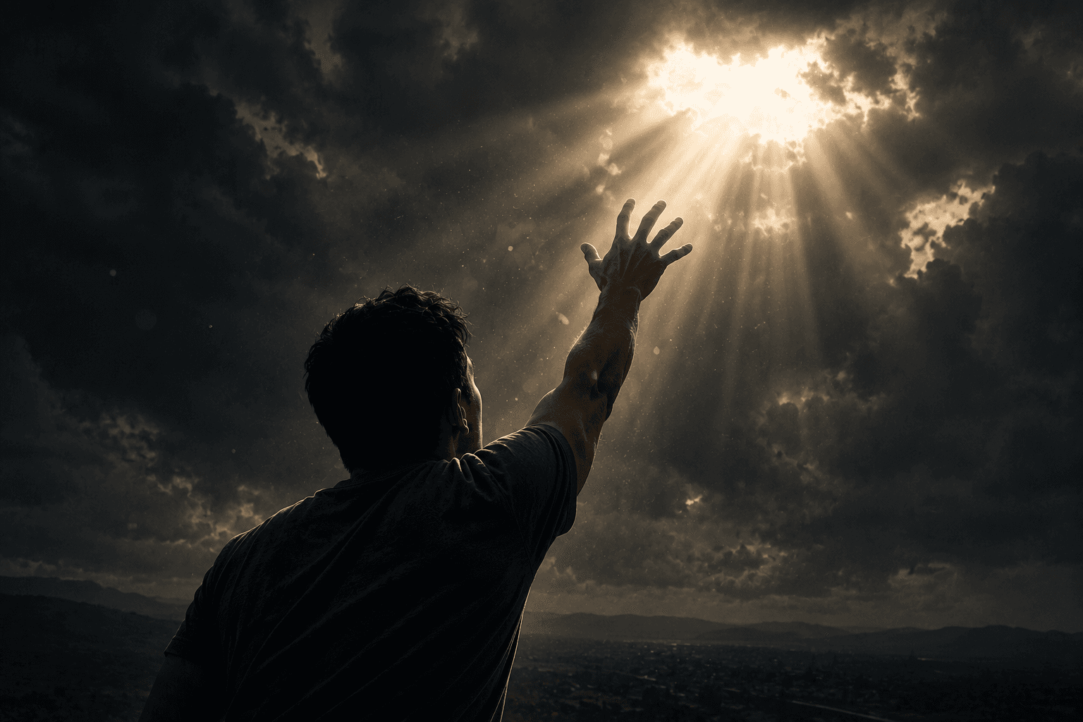Homem estendendo a mão em direção a uma luz no céu, simbolizando o desejo de voltar para Deus depois da culpa e da distância espiritual.