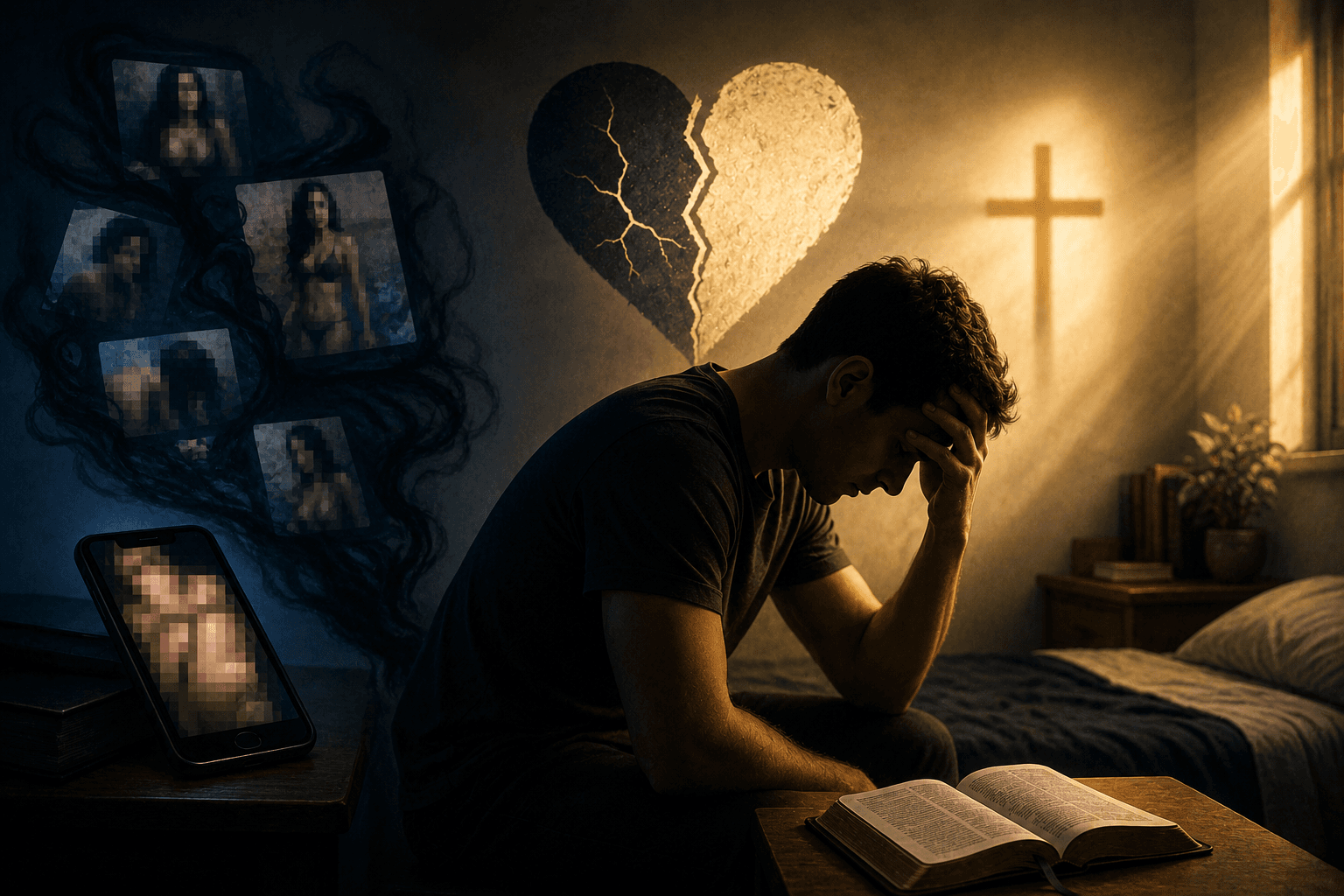 Homem sentado em quarto escuro com expressão de culpa, celular com imagens borradas, Bíblia aberta e luz de uma cruz ao fundo, simbolizando conflito entre luxúria e fidelidade.