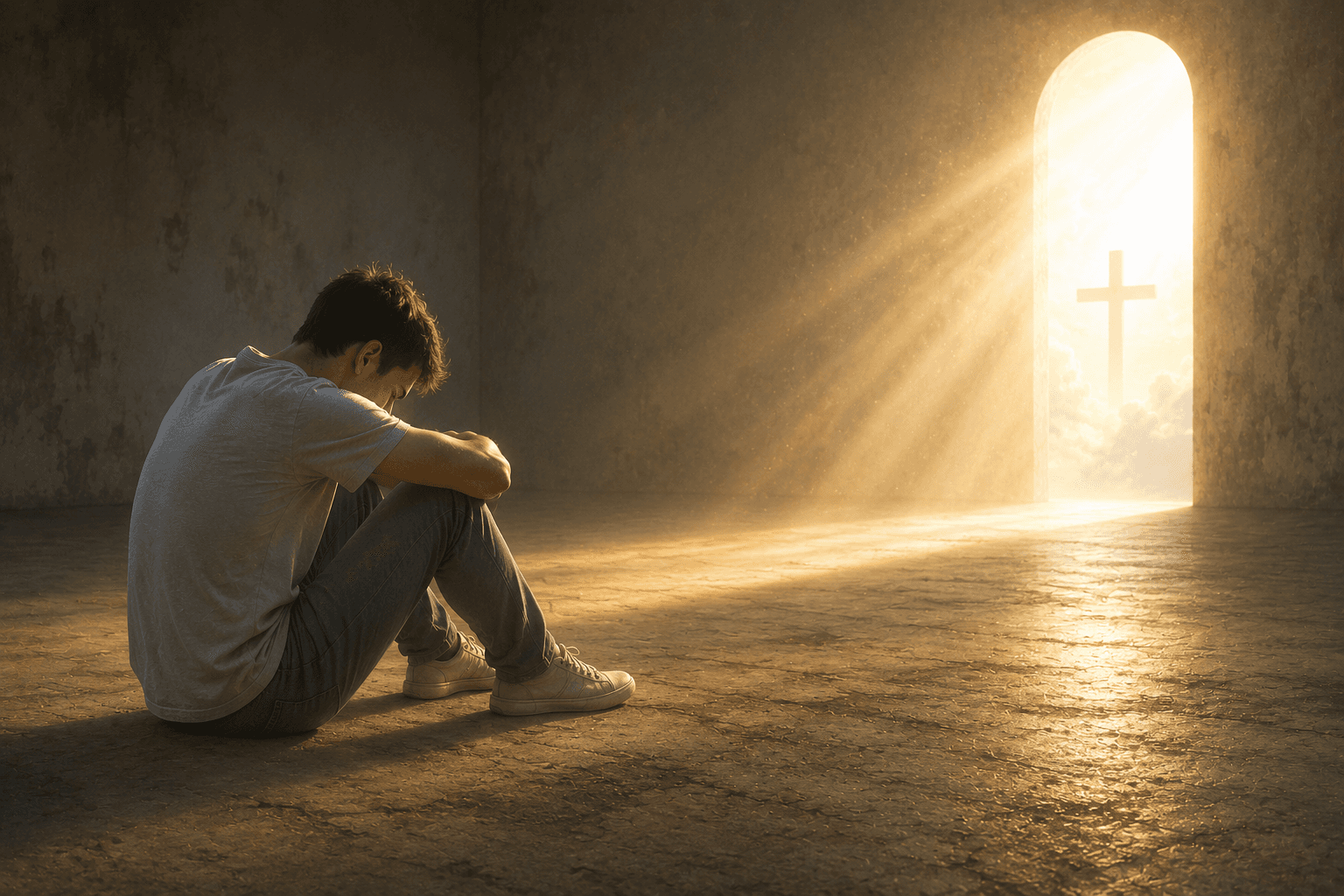 Homem sentado distante de uma porta iluminada com uma cruz ao fundo, simbolizando a sensação de afastamento de Deus depois de cair em pornografia.