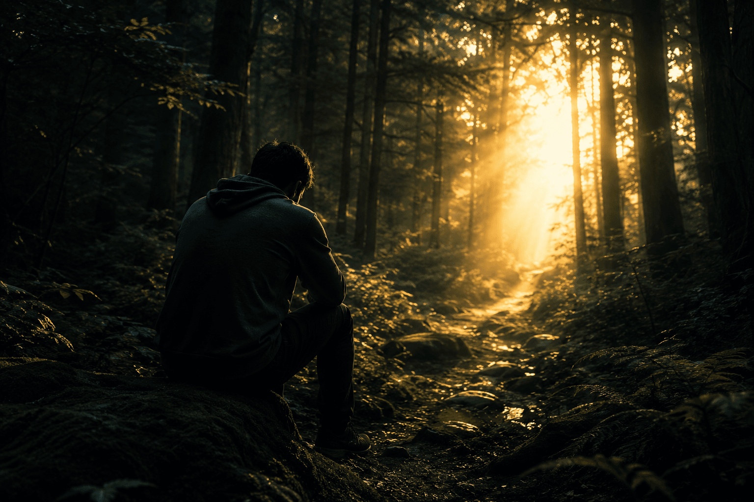 Homem sentado em uma floresta escura diante de um caminho iluminado entre as árvores, simbolizando a distância espiritual causada pela pornografia e o chamado de Deus para voltar à luz.