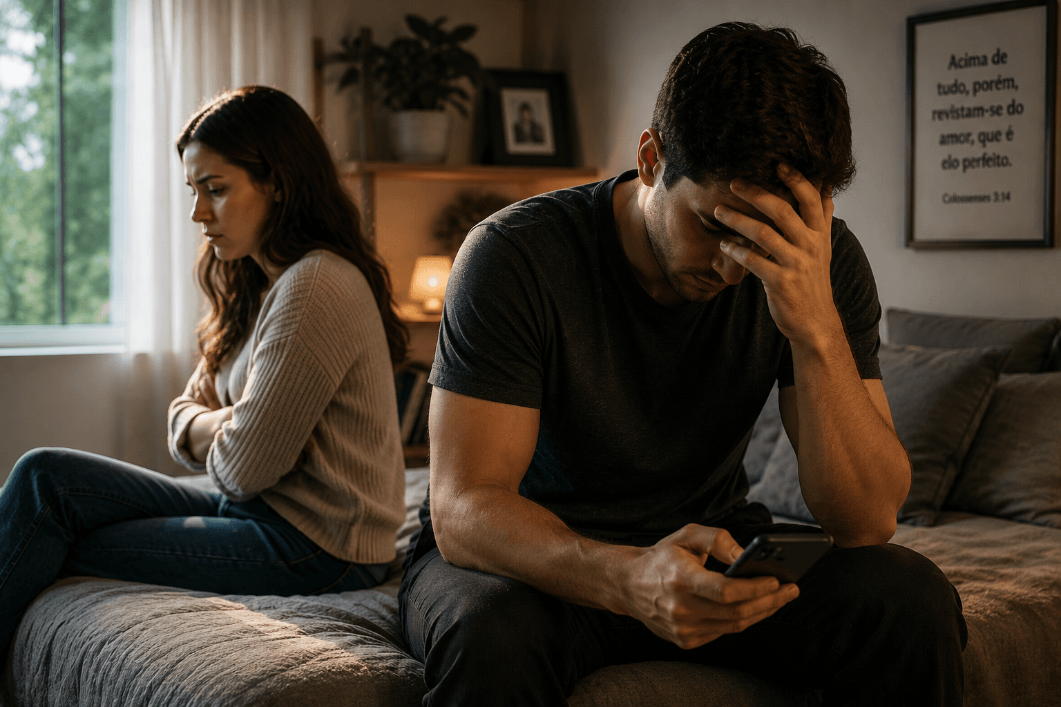 Casal sentado distante na cama, com a mulher de braços cruzados e o homem abatido olhando para o celular, simbolizando os danos da pornografia no relacionamento.