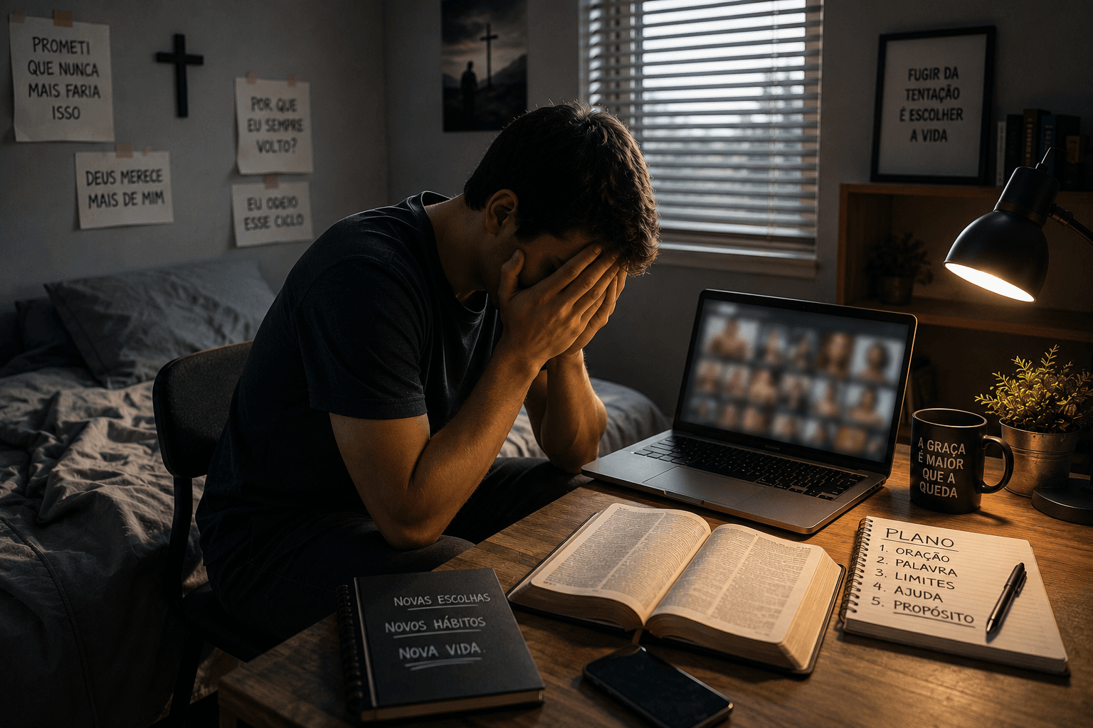 Homem com o rosto entre as mãos diante de um notebook com imagens borradas, Bíblia aberta e anotações ao redor, simbolizando a dificuldade de parar de ver pornografia.