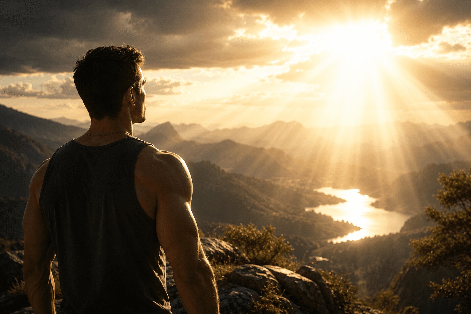 Homem forte de costas, usando regata, olhando para uma luz intensa no céu sobre as montanhas, simbolizando masculinidade cristã, propósito e busca por Deus.