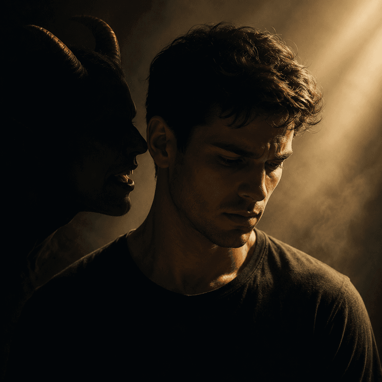 Homem com expressão séria enquanto uma figura sombria permanece nas sombras, próxima ao seu ouvido, simbolizando as tentações que procuram influenciar suas decisões.