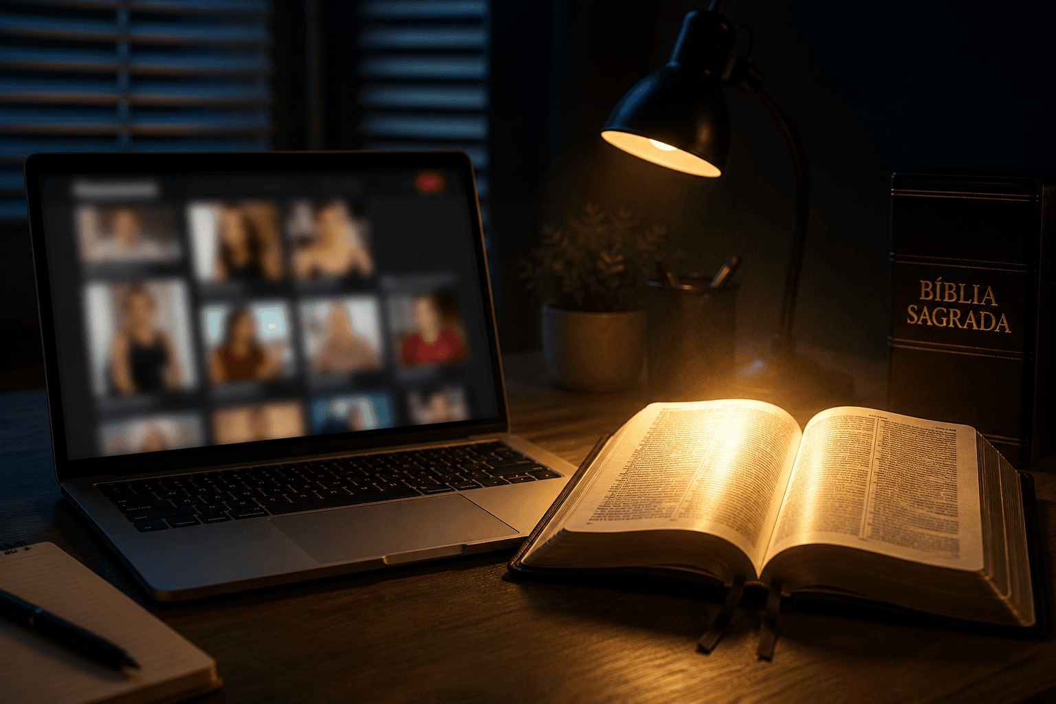 Notebook exibindo imagens desfocadas de conteúdo adulto ao lado de uma Bíblia aberta iluminada, simbolizando o contraste entre a tentação e a verdade da Palavra de Deus.