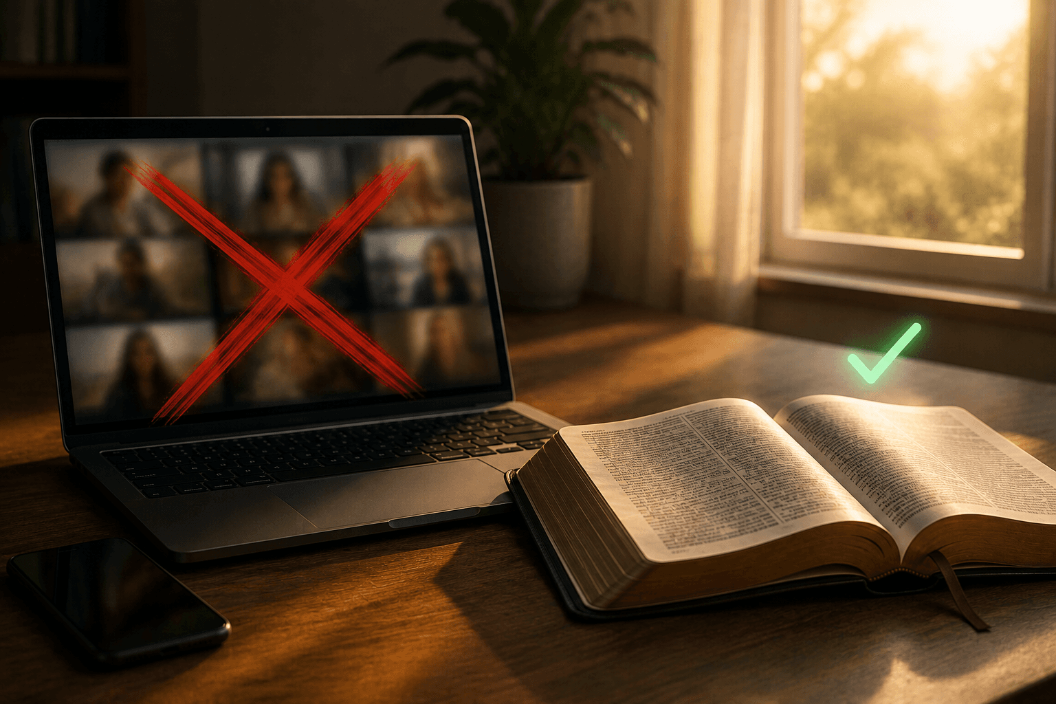 Notebook exibindo imagens borradas marcadas com um grande X vermelho ao lado de uma Bíblia aberta com um pequeno símbolo de aprovação, representando a escolha de rejeitar o conteúdo adulto e seguir a Palavra de Deus.