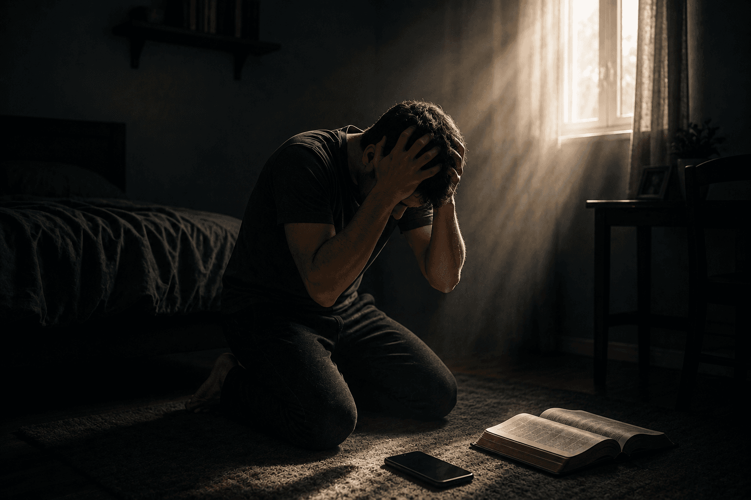Homem ajoelhado no quarto, com as mãos sobre a cabeça e expressão de sofrimento, diante de uma Bíblia aberta e um celular desligado.