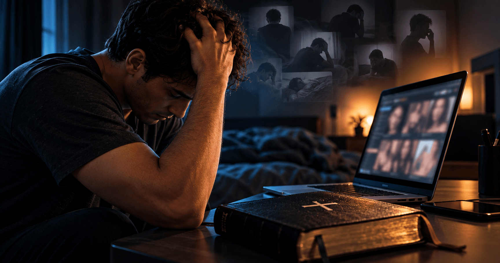 Homem angustiado diante de um notebook com imagens borradas, segurando a cabeça enquanto uma Bíblia está sobre a mesa, simbolizando dependência de pornografia, culpa e conflito espiritual.