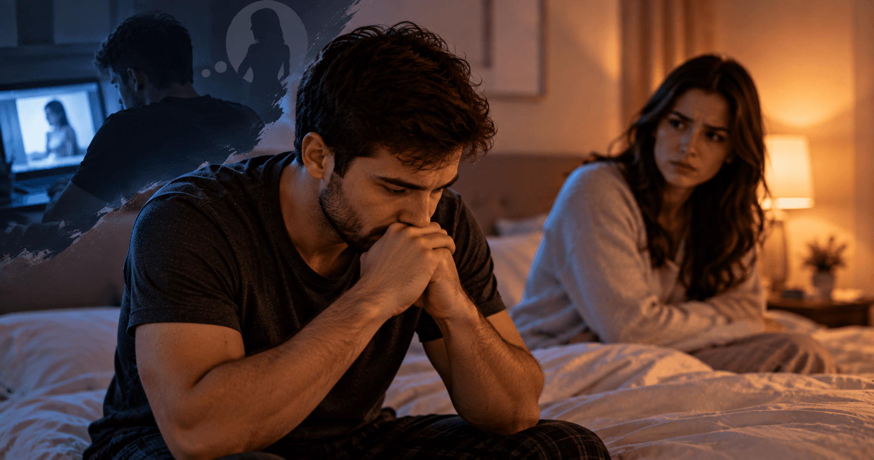 Homem angustiado sentado na cama enquanto sua esposa o observa preocupada, com uma cena ao fundo sugerindo consumo escondido de pornografia no computador.