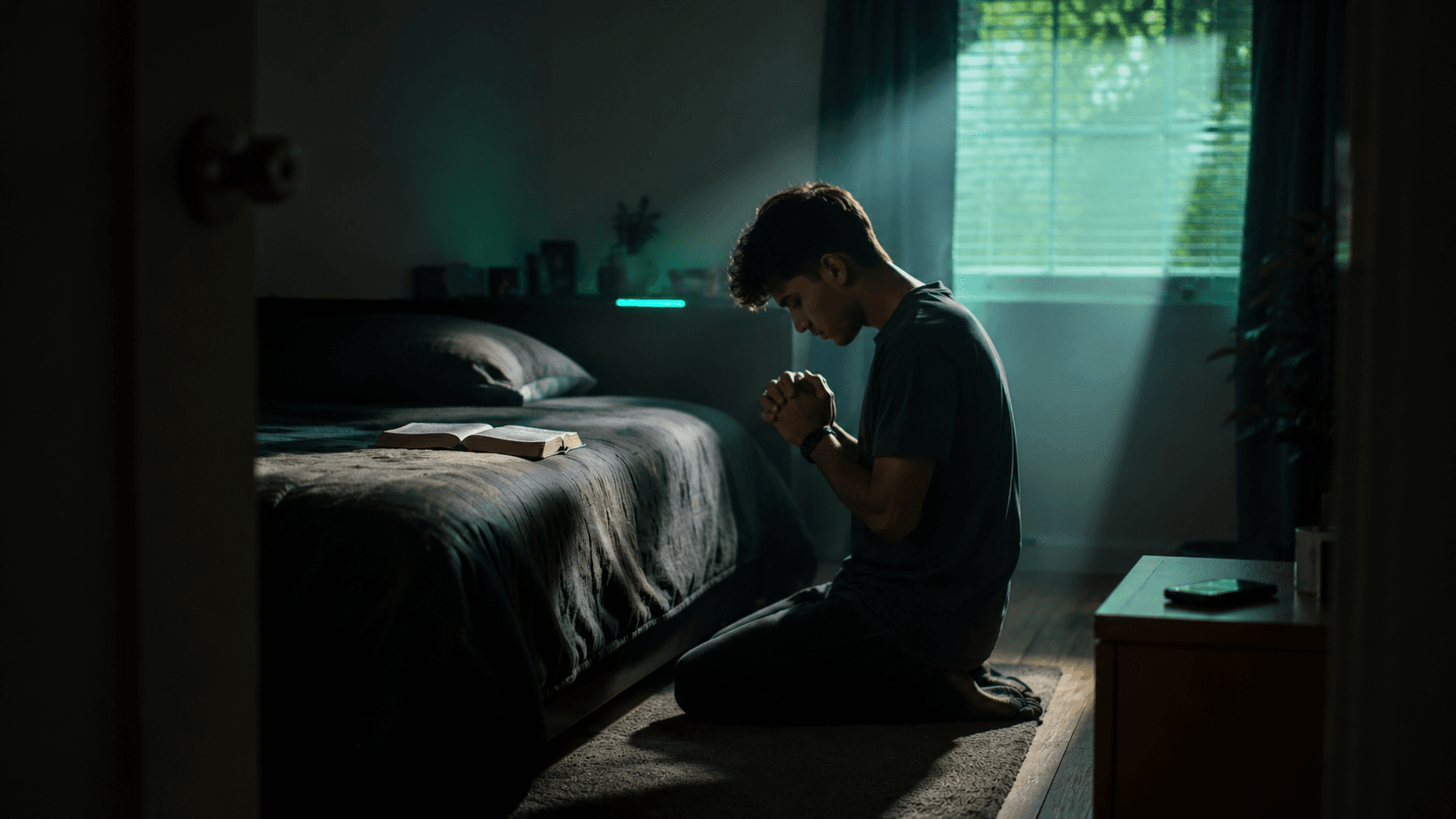 Homem cristão ajoelhado em oração ao lado da cama, com Bíblia aberta e celular afastado, representando arrependimento e decisão contra a pornografia.