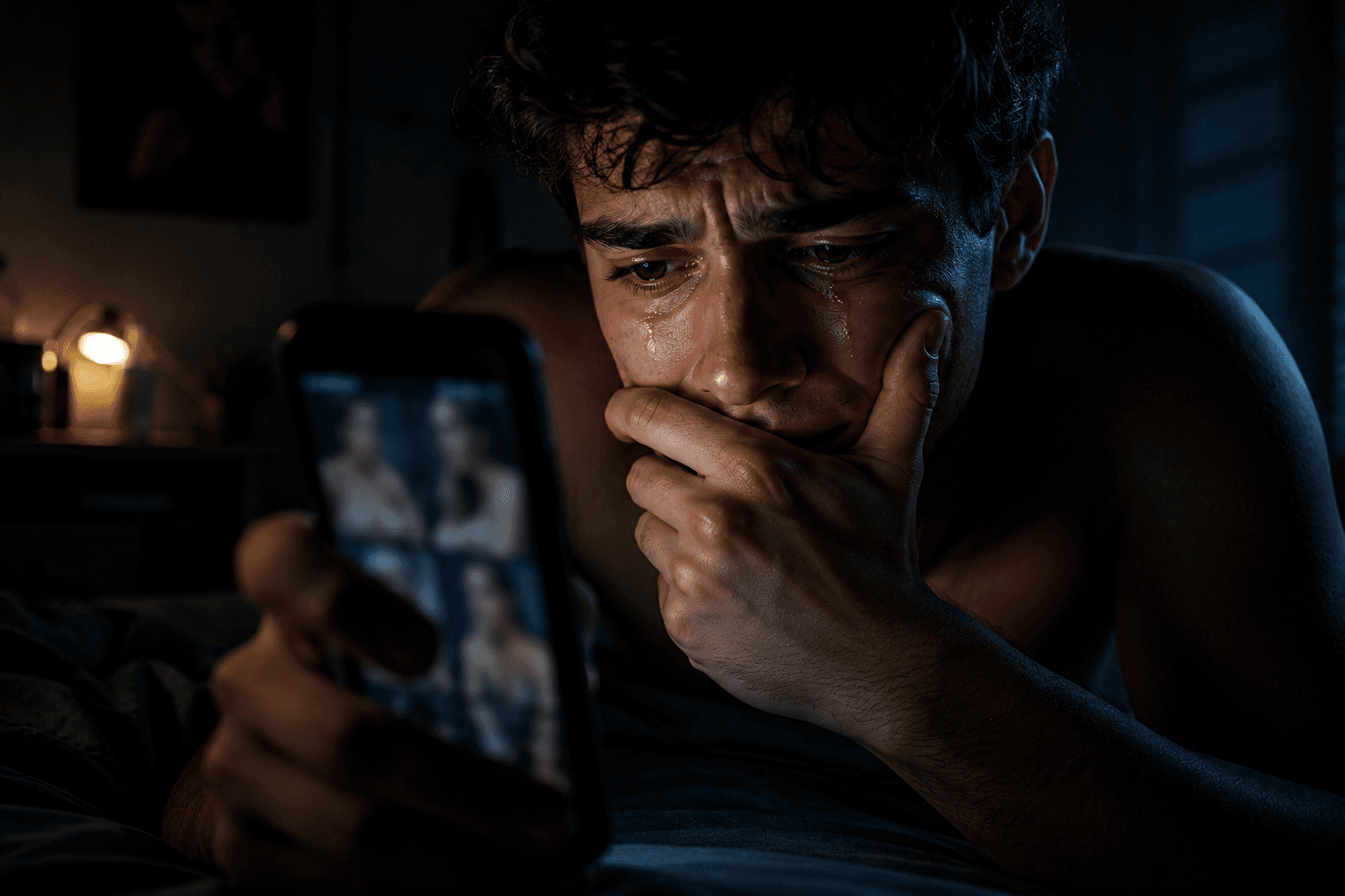 Homem triste e chorando olhando para o celular no escuro, representando a luta contra a masturbação, a culpa e o desejo de viver em pureza cristã.