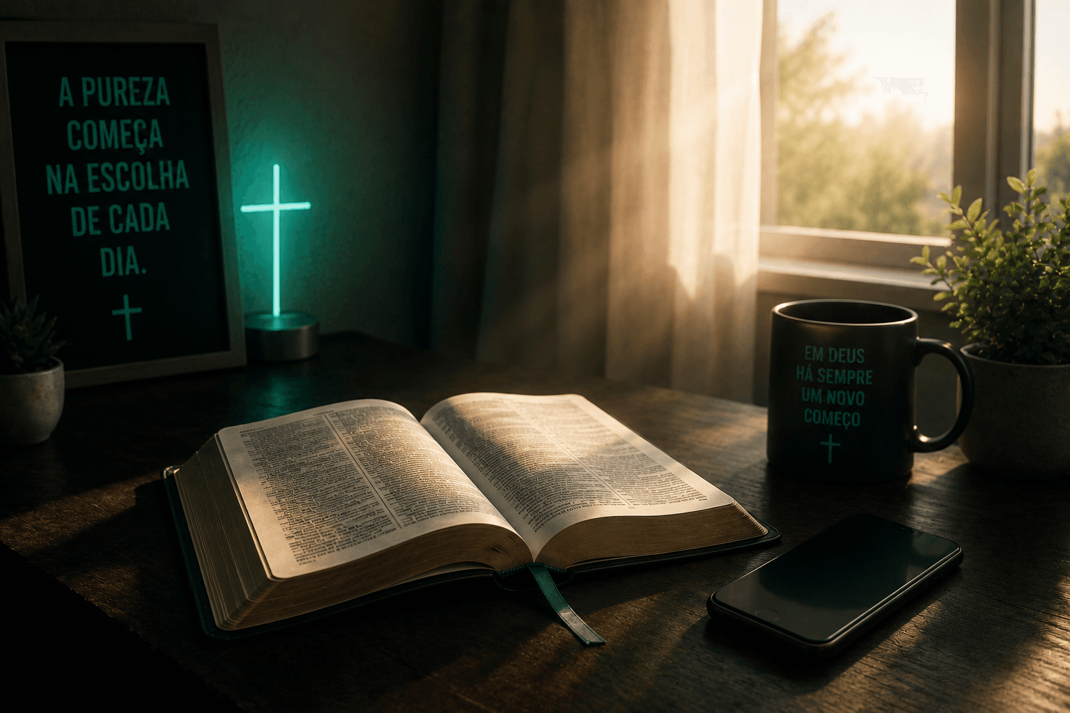 Bíblia aberta ao lado de celular desligado, simbolizando decisão cristã de vencer a pornografia com a Palavra de Deus.