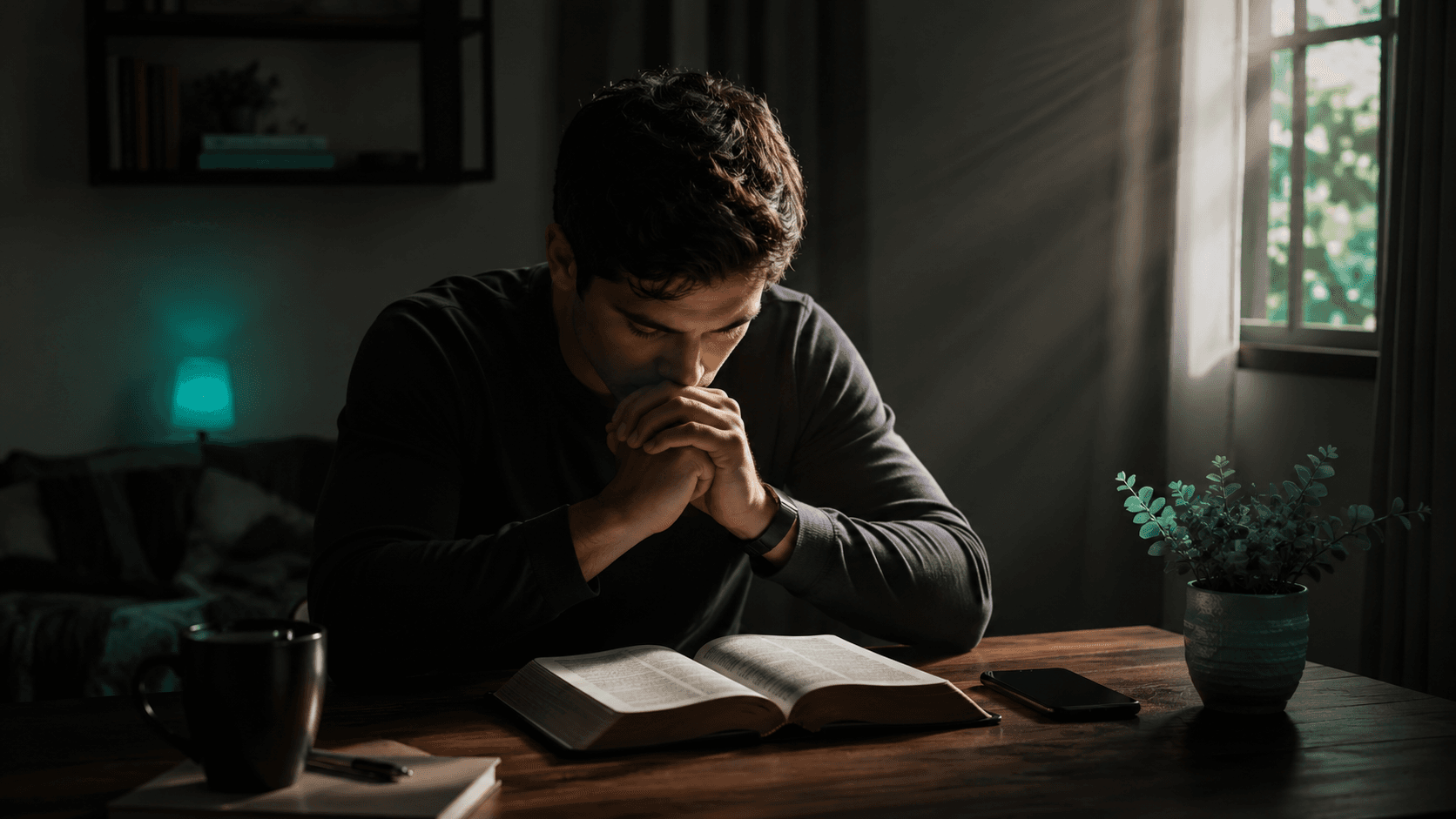 Homem orando diante de uma Bíblia aberta com celular afastado, representando reflexão, arrependimento e busca por pureza diante de Deus.