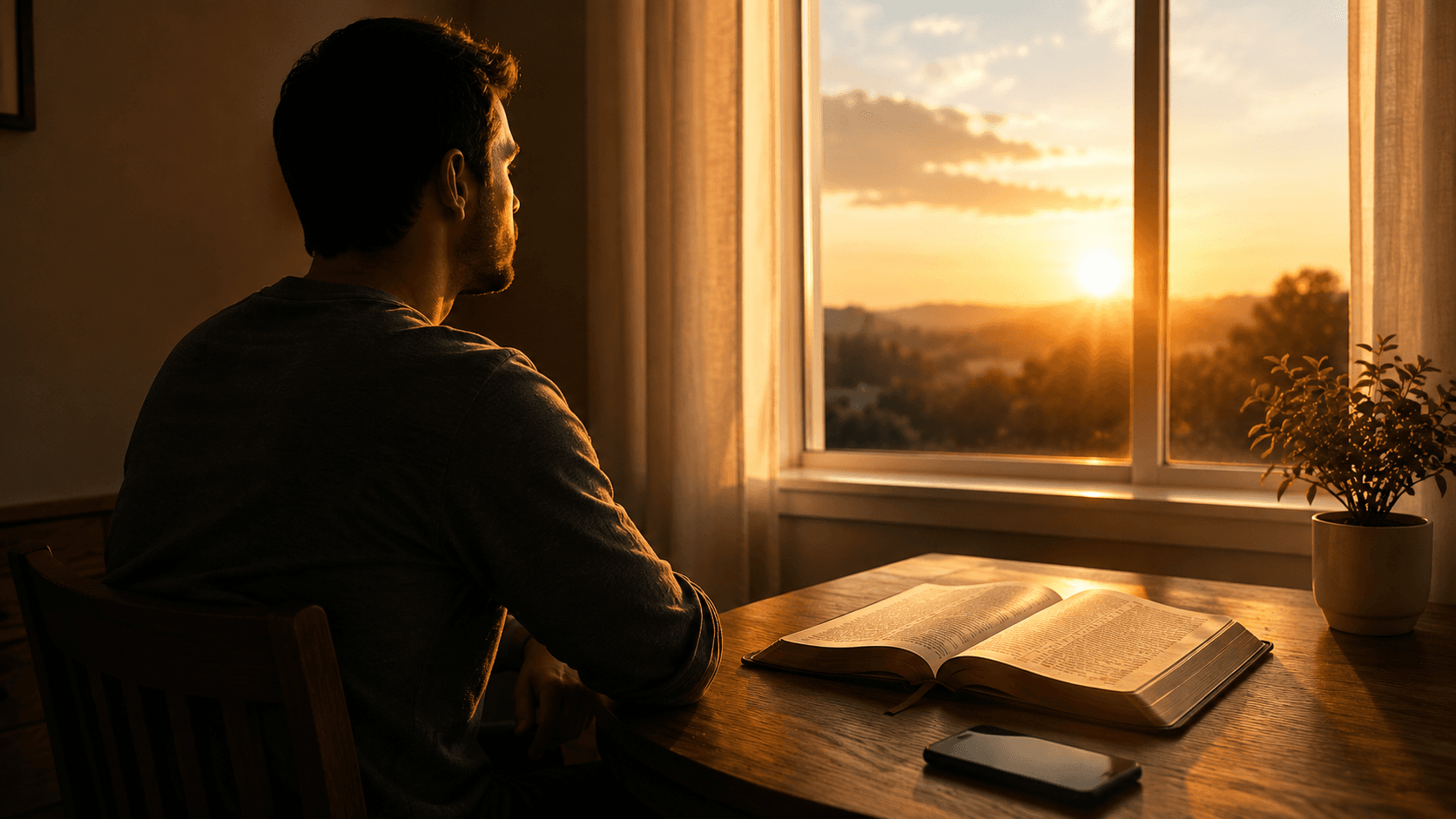 Homem refletindo diante de uma Bíblia aberta iluminada pelo nascer do sol, com um celular virado para baixo sobre a mesa, representando a decisão de vencer a luxúria e buscar a Deus.