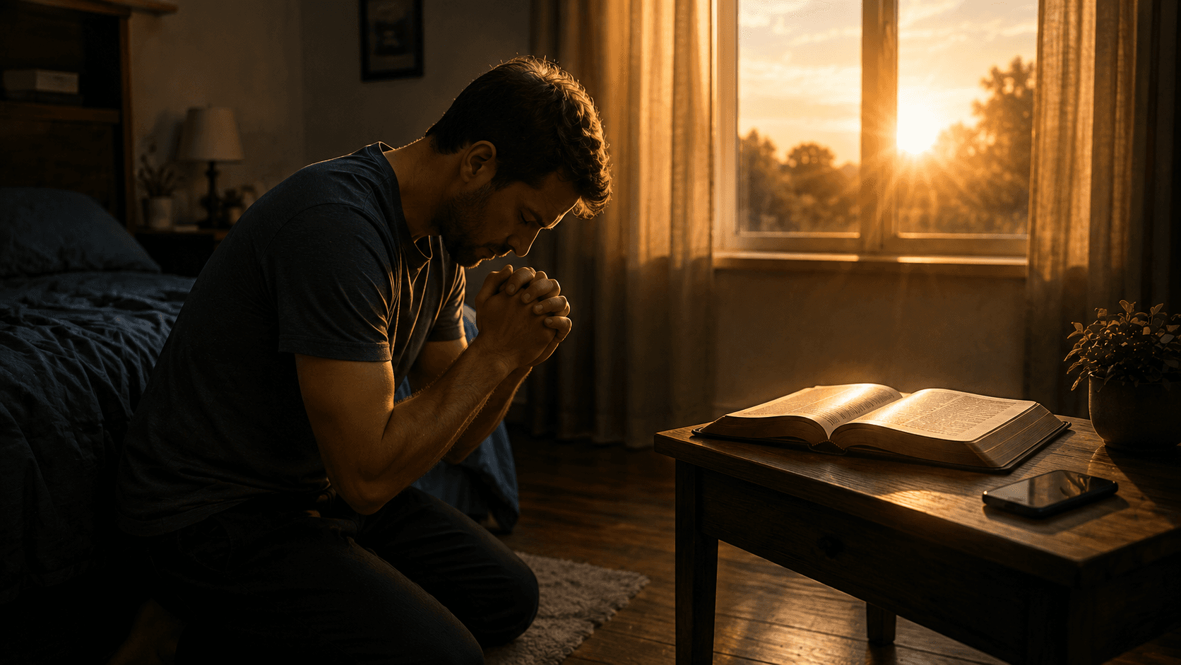 Homem ajoelhado em oração diante de uma Bíblia iluminada pela luz do amanhecer, representando arrependimento, perdão e esperança depois de cair em pornografia.