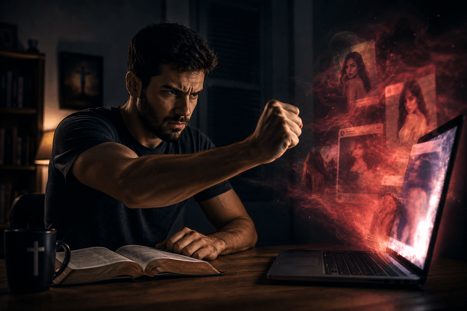 Homem com o punho fechado resistindo à tentação diante de um notebook, enquanto imagens impuras surgem da tela e uma Bíblia aberta permanece ao seu lado.