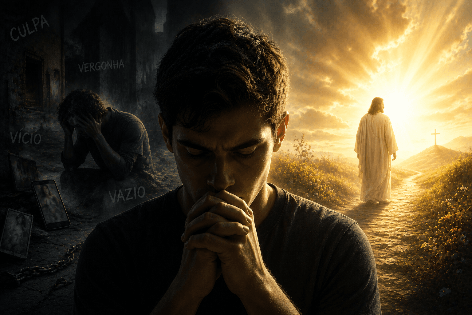 Homem em oração entre um cenário escuro de culpa, vergonha e vício e um caminho iluminado onde Jesus aparece ao fundo, simbolizando perdão, restauração e saída do pecado.