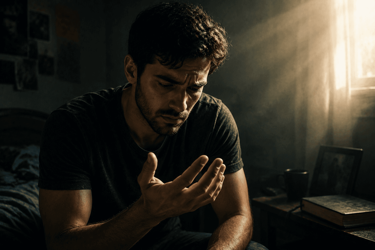 Homem sentado em um quarto olhando para a própria mão com expressão cansada e reflexiva, simbolizando o peso dos antigos hábitos e a decisão de buscar mudança.
