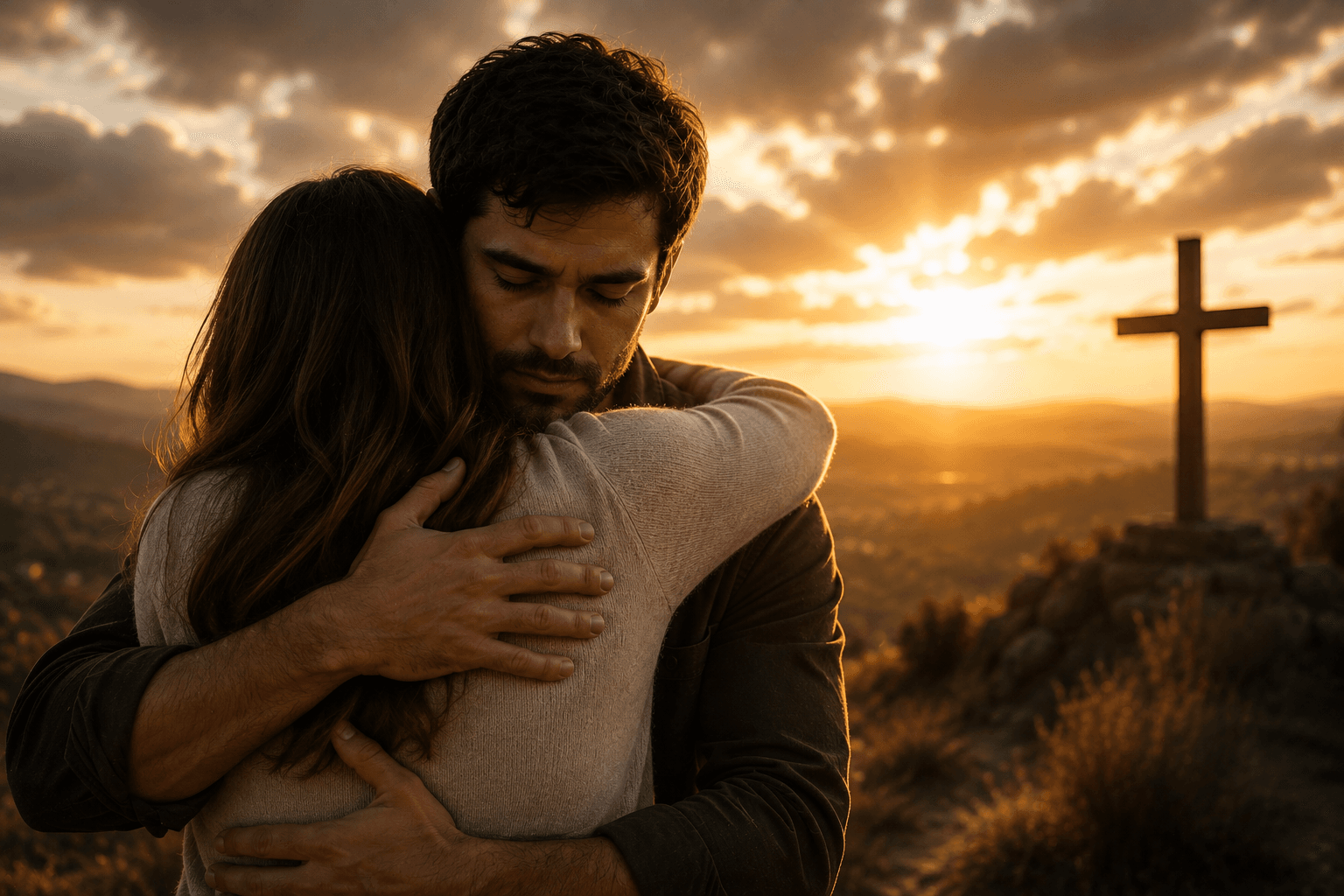 Homem e mulher se abraçando diante de uma cruz ao pôr do sol, simbolizando perdão, reconciliação e restauração de um relacionamento à luz da fé cristã.