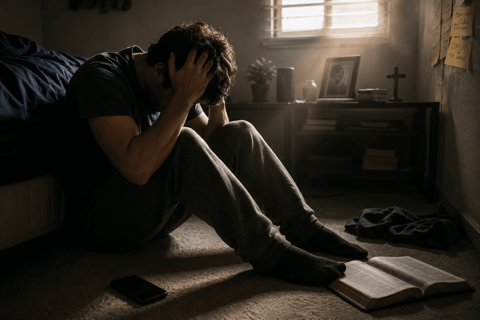 Homem sentado sozinho no chão de um quarto escuro, com as mãos sobre o rosto e expressão de culpa, enquanto uma Bíblia aberta recebe luz suave ao fundo, simbolizando arrependimento e busca por Deus.