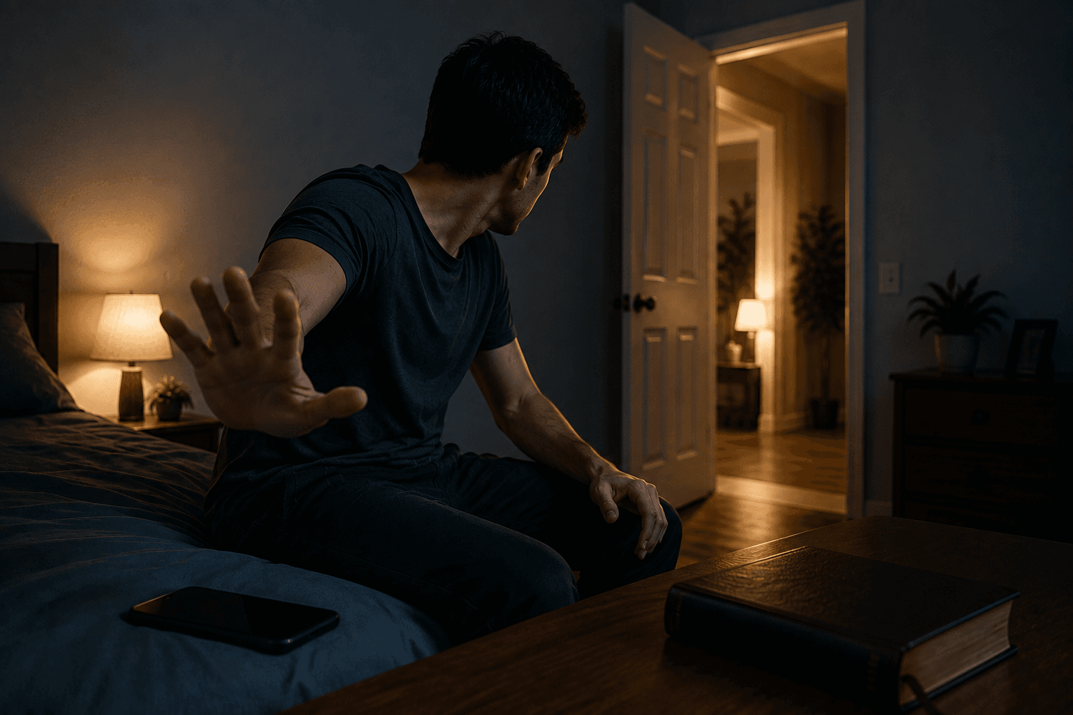 Homem sentado na cama afastando o celular, enquanto olha para uma porta aberta e iluminada, simbolizando a decisão de fugir da tentação.