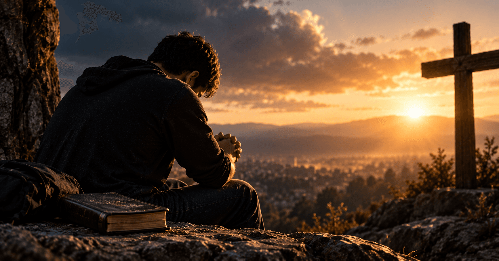 Homem sentado em oração diante de uma cruz ao nascer do sol, com uma Bíblia ao lado, simbolizando alguém que se sente distante de Deus e deseja reconstruir sua comunhão com Ele.