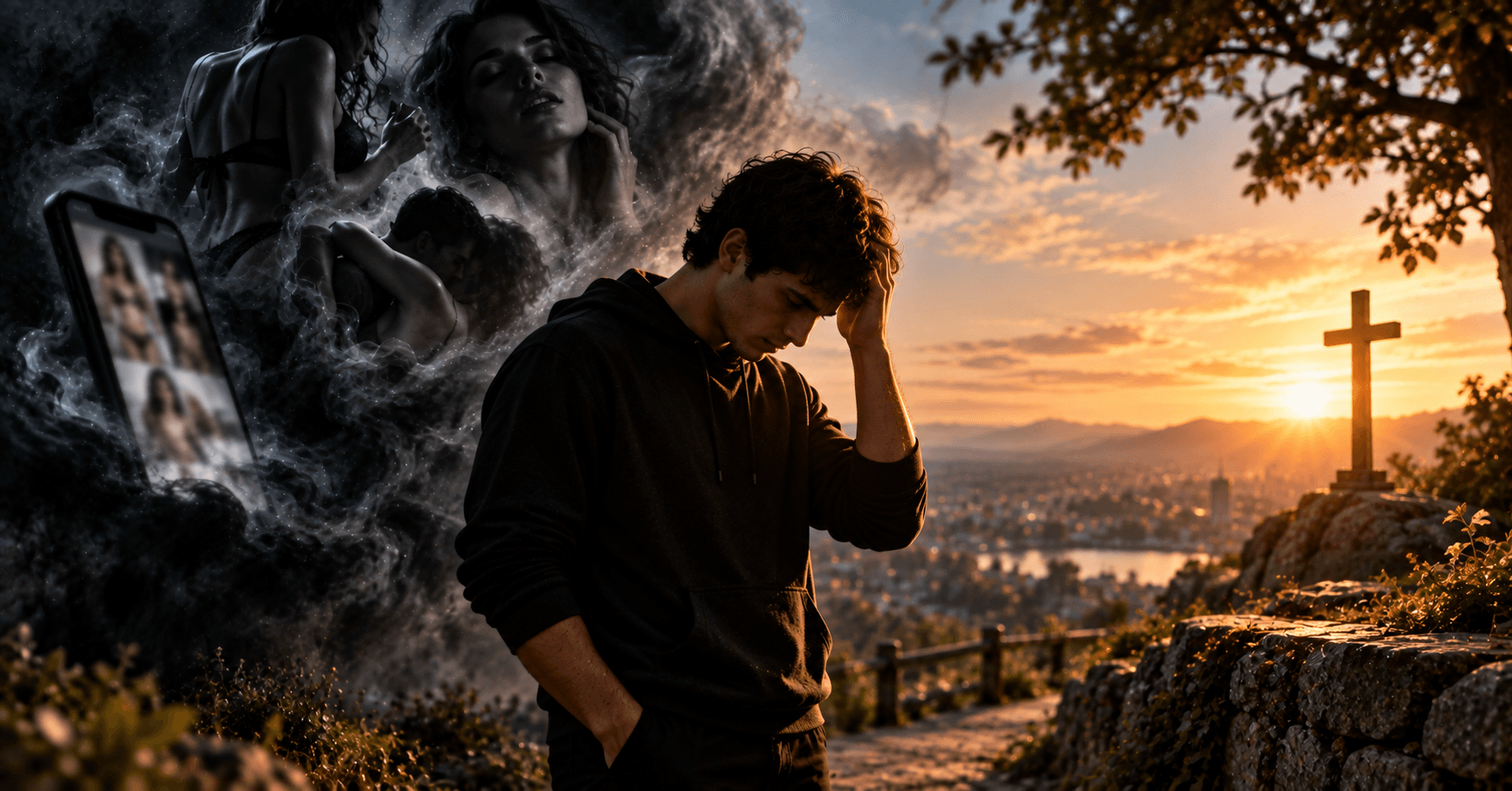 Homem em pé entre pensamentos sombrios ligados à pornografia, masturbação e luxúria de um lado e uma cruz iluminada ao pôr do sol do outro, simbolizando a luta contra fantasias sexuais e a escolha pela pureza.