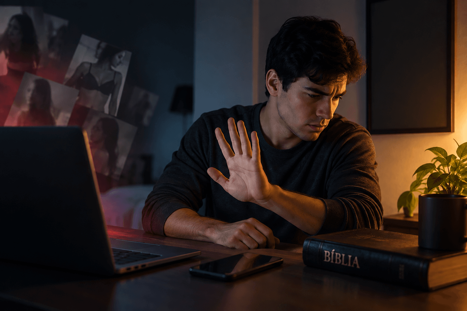 Homem recusando conteúdo impróprio no computador enquanto uma Bíblia permanece ao seu lado, simbolizando a decisão de resistir à pornografia e escolher a pureza.