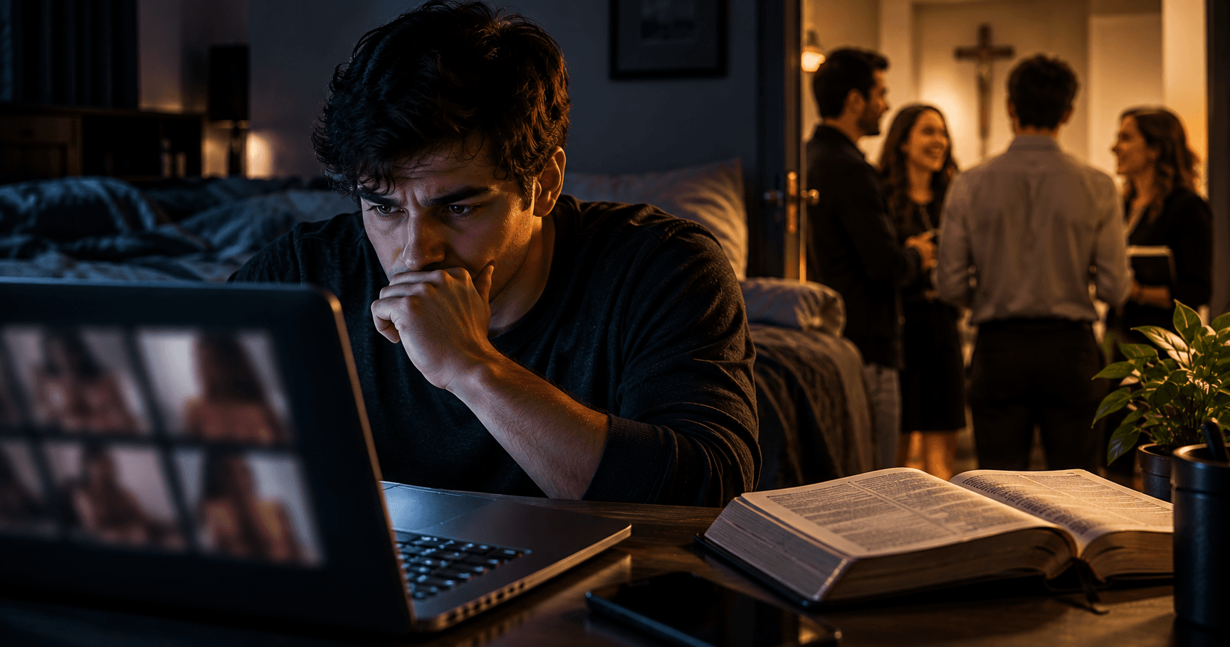 Homem assistindo conteúdo impróprio escondido no computador enquanto outras pessoas conversam ao fundo, com uma Bíblia aberta ao lado, simbolizando a vida dupla causada pela pornografia.