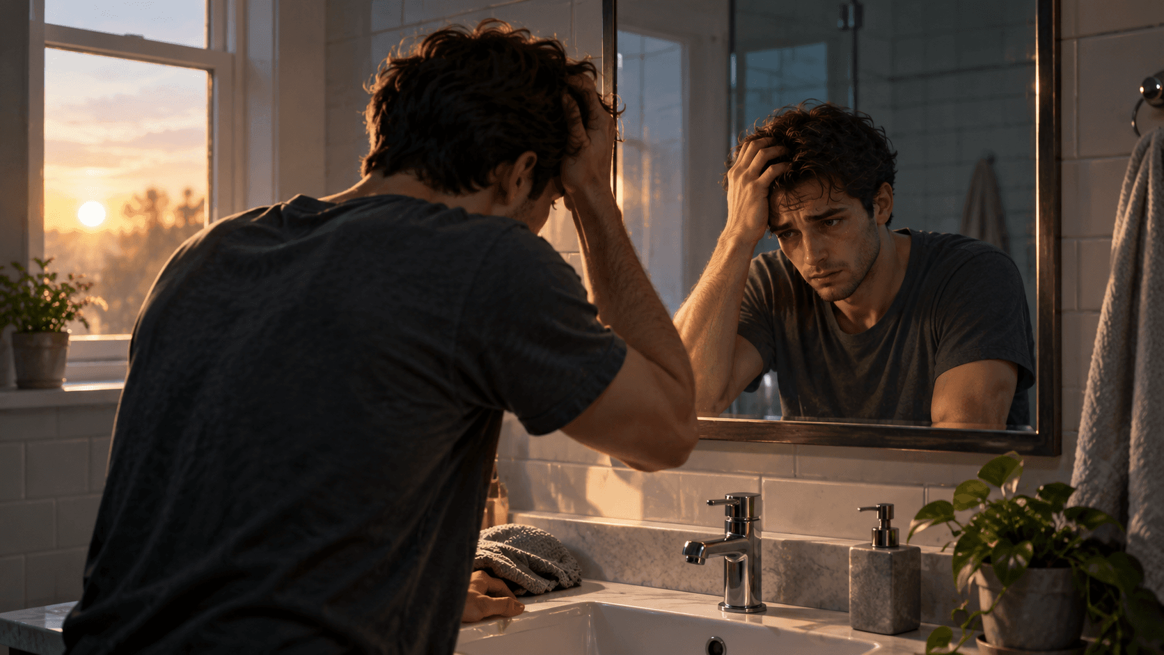 Homem no banheiro com a mão na cabeça, olhando para o próprio reflexo no espelho com expressão de arrependimento após uma recaída na pornografia.
