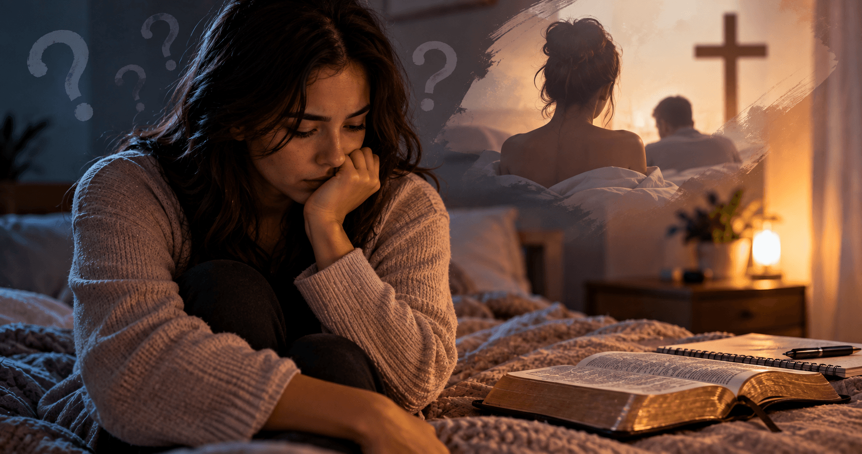 Mulher cristã sentada na cama em reflexão, com uma Bíblia aberta ao lado e pensamentos sobre relacionamento e sexualidade, simbolizando dúvidas sobre masturbação feminina, desejo e pureza.