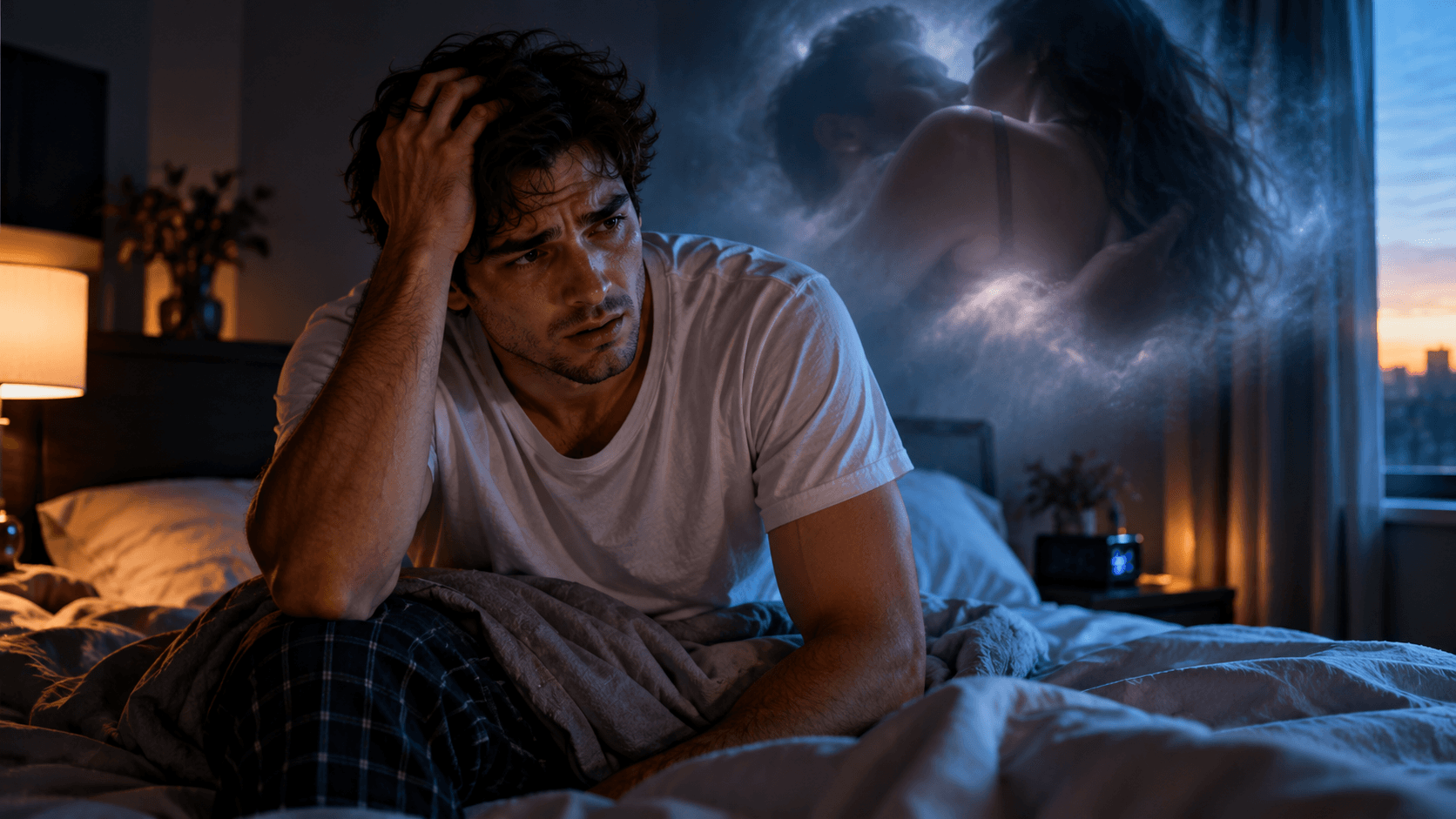 Homem angustiado sentado na cama após acordar de um sonho erótico, com a mão na cabeça e a imagem de um casal envolto em névoa ao fundo, simbolizando sonhos sexuais, culpa e dúvidas espirituais.